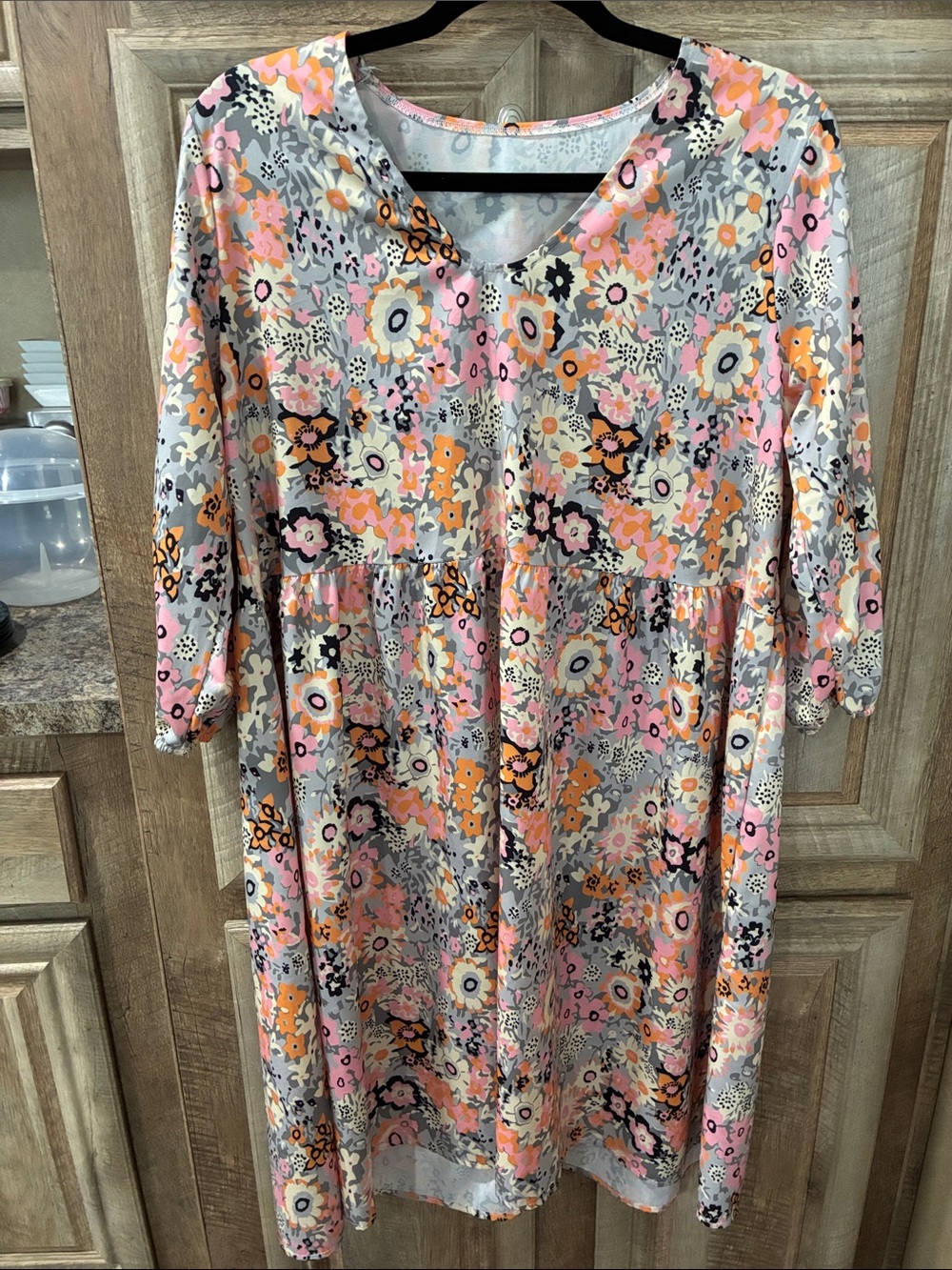 KanCan Floral V-Neck Midi Dress in Pink, Orange & Gray